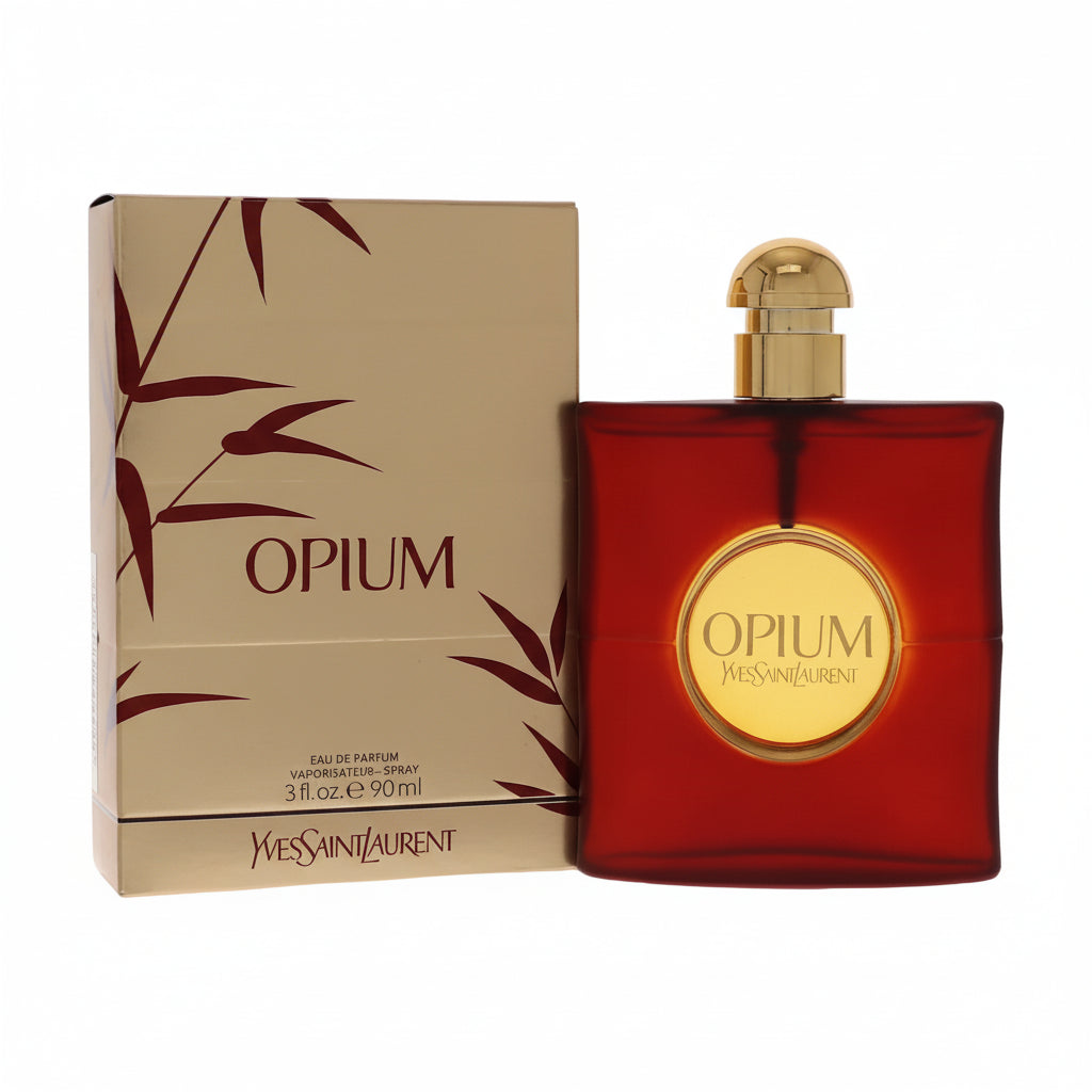 Opium perfume bottle and packaging on a white background