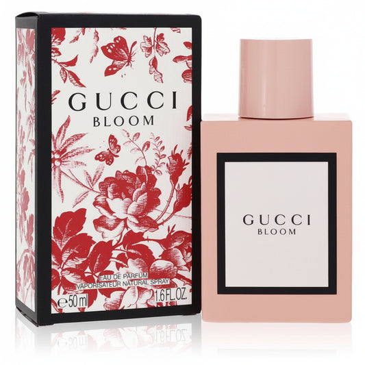 Gucci Bloom perfume bottle and packaging with floral design