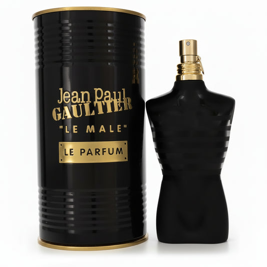 Black and gold Jean Paul Gaultier Le Male perfume bottle and packaging on a white background