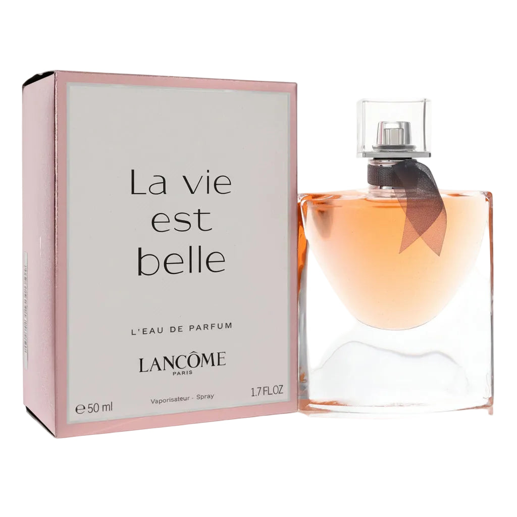 Lancome 'La vie est belle' perfume bottle and packaging on a white background